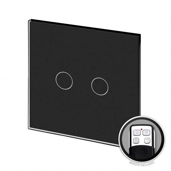 Crystal PG LED Dimmer Touch & Remote Light Switch 2 Gang Black Glass